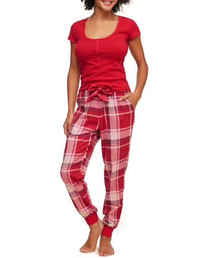 Adore Me Caileigh Pyjama T-shirt & Jogger Set In Plaid Red