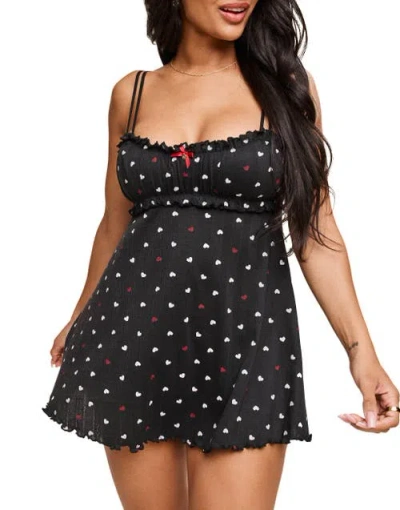 Adore Me Ophylia Babydoll & Hipster Set In Heart Black