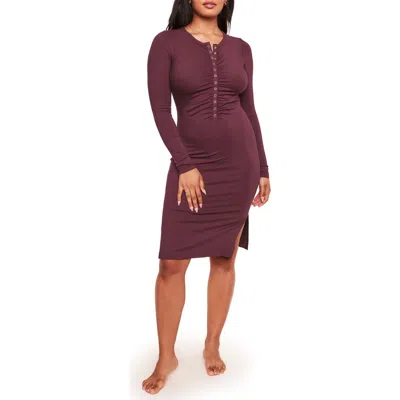 Adore Me Pearl Long-sleeve Henley Dress In Burgundy