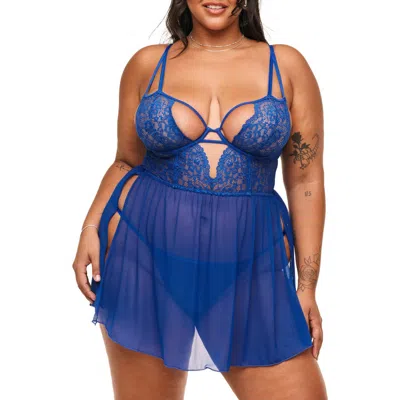 Adore Me Rae Unlined Babydoll & G-string Set Lingerie In Dark Blue
