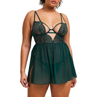 Adore Me Rae Unlined Babydoll & G-string Set Lingerie In Dark Green