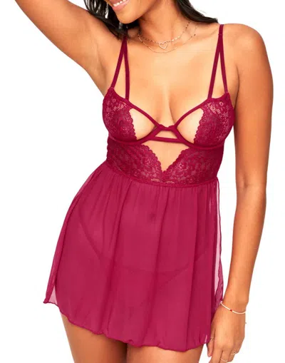 Adore Me Rae Unlined Babydoll & G-string Set Lingerie In Dark Red