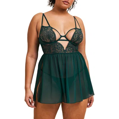 Adore Me Rae Unlined Babydoll & G-string Set Lingerie In Green