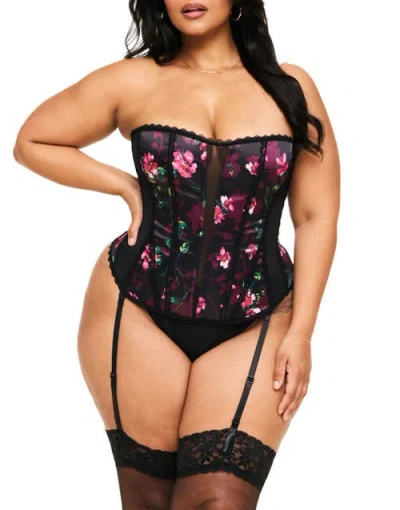 Adore Me Serene Corset & Thong Set In Floral Black
