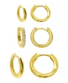 ADORNIA 14K GOLD PLATED 3-HUGGIE HOOP EARRINGS SET WITH 1-CRYSTAL HOOP