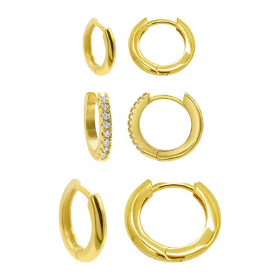 Adornia 14k Gold Plated 3-huggie Hoop Earrings Set With 1-crystal Hoop