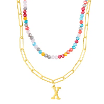 Adornia 14k Gold Plated Adjustable Layered Color Beads And Paperclip Chain Initial Necklace Gold In Multi