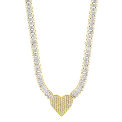 Adornia 14k Gold Plated Baguette Tennis Necklace With Pave Heart Pendant In Silver