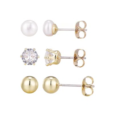 ADORNIA 14K GOLD PLATED BALL, SOLITAIRE, AND FRESHWATER PEARL STUD EARRING SET