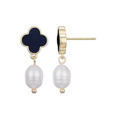 Adornia 14k Gold Plated Black Clover And Freshwater Pearl Drop Earrings