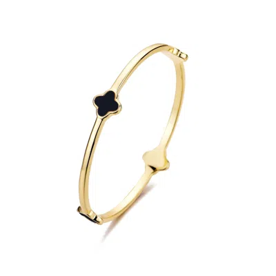 Adornia 14k Plated Mother Of Pearl Black Clover Bangle Bracelet In Gold