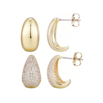 Adornia 14k Gold Plated Crystal And Plain Chunky Hoop Set