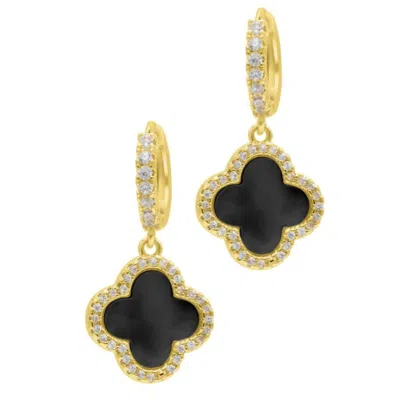 ADORNIA 14K GOLD PLATED CRYSTAL HALO BLACK CLOVER DANGLE HUGGIE EARRINGS