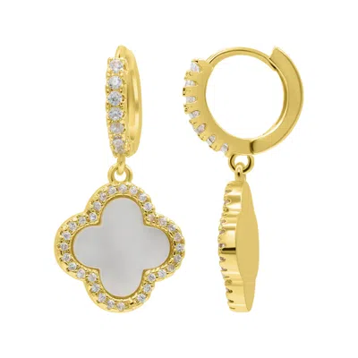 Adornia 14k Gold Plated Crystal Halo White Mother-of-pearl Clover Dangle Huggie Earrings In Silver