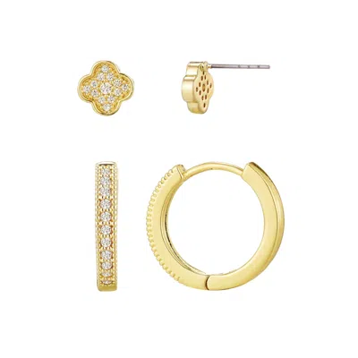 Adornia 14k Gold Plated Cz Huggie And Clover Stud Set