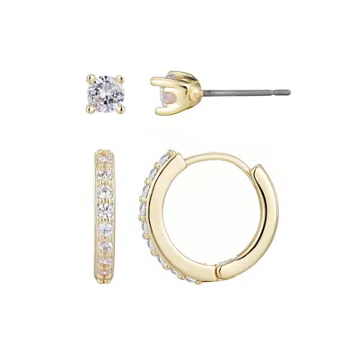 ADORNIA 14K GOLD PLATED CZ HUGGIE AND SOLITAIRE STUD SET