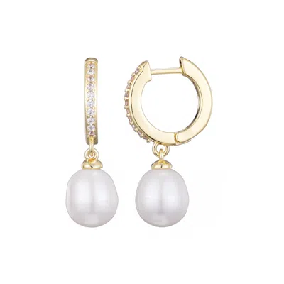Adornia 14k Gold Plated Cz Huggie Hoop Earrings With Freshwater Pearl Drop In Multi