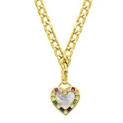 Adornia 14k Gold Plated Figaro Chain Mother-of-pearl Heart Necklace In Silver