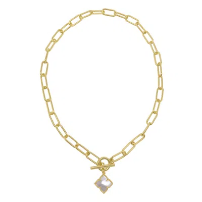 Adornia 14k Gold Plated Flower White Mother-of-pearl Paper Clip Chain Toggle Necklace In White/gold