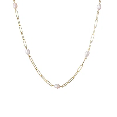 Adornia 14k Gold Plated Freshwater Pearl Station Paper Clip Chain Necklace In White