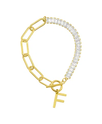 Adornia 14k Gold-plated Half Crystal And Half Paperclip Initial Toggle Bracelet In Gold- F