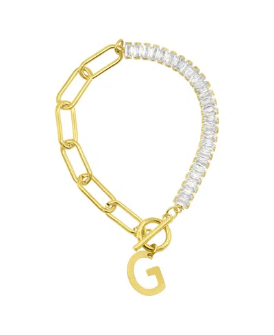 Adornia 14k Gold-plated Half Crystal And Half Paperclip Initial Toggle Bracelet In Gold- G