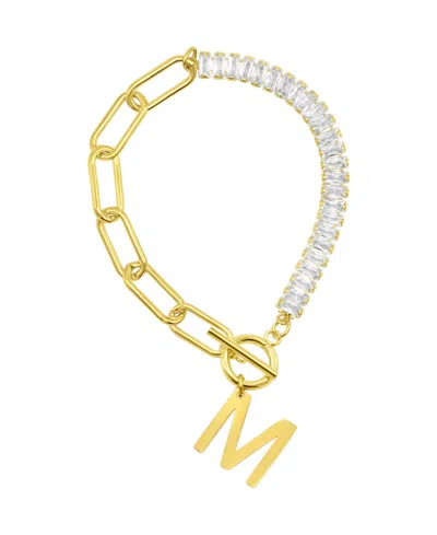 Adornia 14k Gold-plated Half Crystal And Half Paperclip Initial Toggle Bracelet In Gold- M