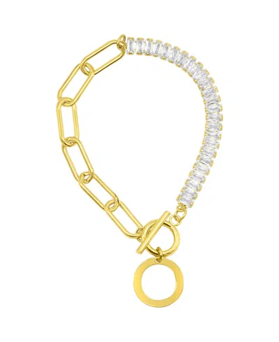 Adornia 14k Gold-plated Half Crystal And Half Paperclip Initial Toggle Bracelet In Gold- O