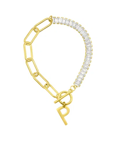 Adornia 14k Gold-plated Half Crystal And Half Paperclip Initial Toggle Bracelet In Gold- P