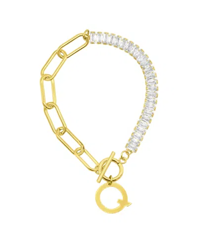 Adornia 14k Gold-plated Half Crystal And Half Paperclip Initial Toggle Bracelet In Gold- Q