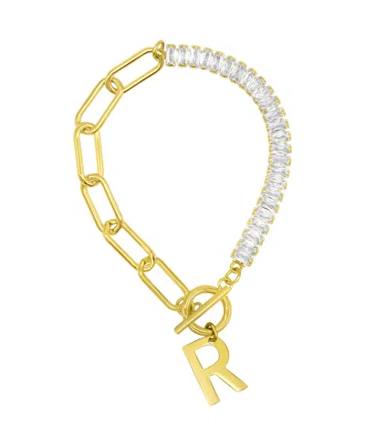 Adornia 14k Gold-plated Half Crystal And Half Paperclip Initial Toggle Bracelet In Gold- R