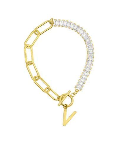 Adornia 14k Gold-plated Half Crystal And Half Paperclip Initial Toggle Bracelet In Gold- V