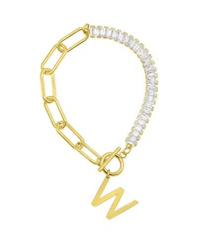 Adornia 14k Gold-plated Half Crystal And Half Paperclip Initial Toggle Bracelet In Gold- W