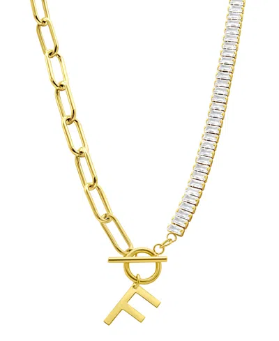 Adornia 14k Gold-plated Half Crystal And Half Paperclip Initial Toggle Necklace In Gold- F