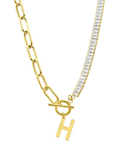 Adornia 14k Gold-plated Half Crystal And Half Paperclip Initial Toggle Necklace In Gold- H