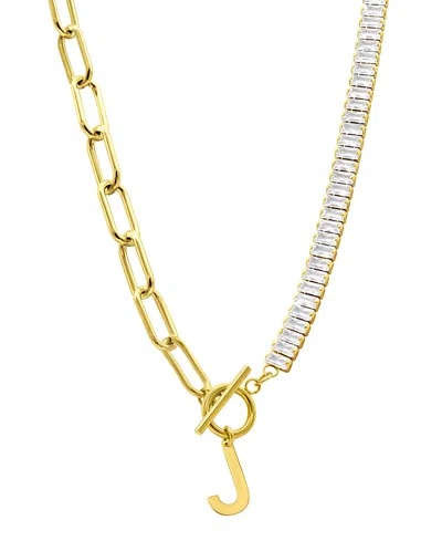 Adornia 14k Gold-plated Half Crystal And Half Paperclip Initial Toggle Necklace In Gold- J