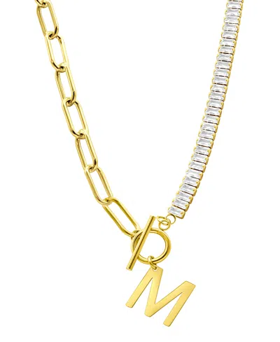 ADORNIA 14K GOLD-PLATED HALF CRYSTAL AND HALF PAPERCLIP INITIAL TOGGLE NECKLACE