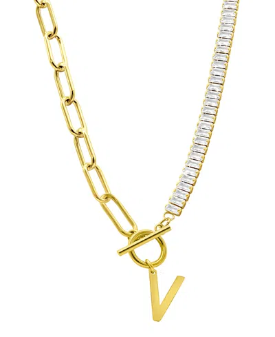 Adornia 14k Gold-plated Half Crystal And Half Paperclip Initial Toggle Necklace In Gold- V