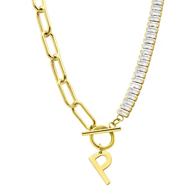 Adornia 14k Gold Plated Half Crystal And Half Paperclip Initial Toggle Necklace In Multi