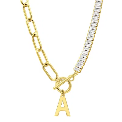 Adornia 14k Gold Plated Half Crystal And Half Paperclip Initial Toggle Necklace In Silver