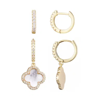 Adornia 14k Gold Plated Halo White Mother Of Pearl Clover Cz Huggie Set