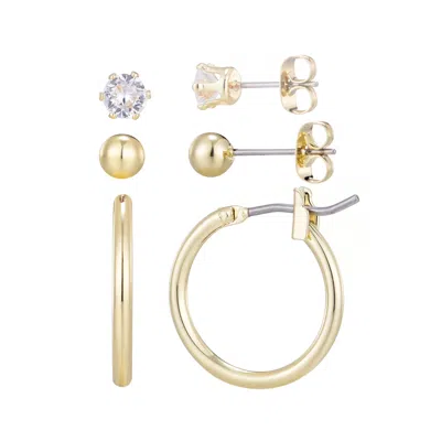 Adornia 14k Gold Plated Hoop, Solitaire And Ball Stud Set