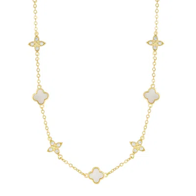 Adornia 14k Gold Plated Mixed Mother Of Pearl And Cz Clover Station Necklace In White