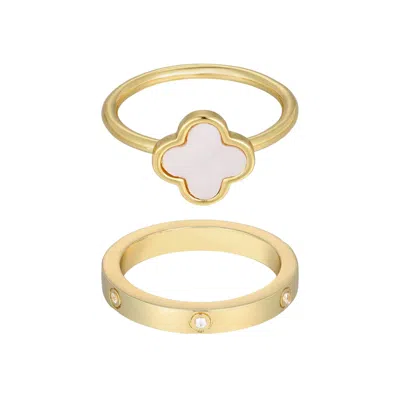 Adornia 14k Gold Plated Mother Of Pearl Clover And Cz Eternity Band Ring Set