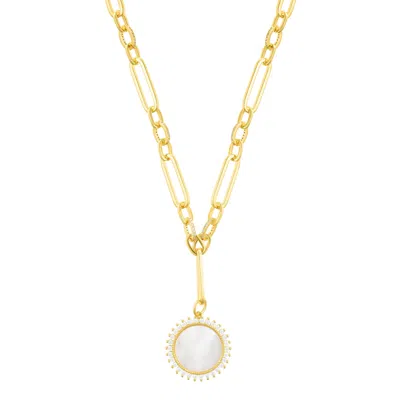 Adornia 14k Gold Plated Mother Of Pearl Cz Halo Disc Mixed Link Y-necklace In White