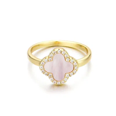 Adornia 14k Gold Plated Mother Of Pearl Halo Cz Clover Ring