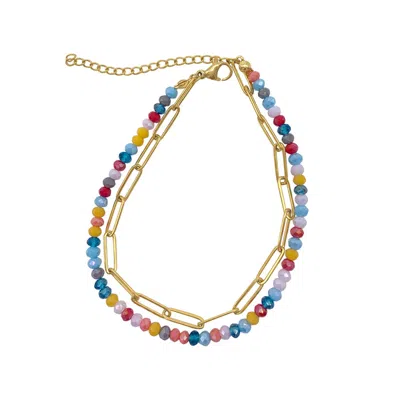 ADORNIA 14K GOLD PLATED MULTI COLOR BEAD AND PAPER CLIP CHAIN DOUBLE BRACELET
