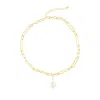 Adornia 14k Gold Plated Paper Clip Chain With Crystal-decorated Pearl Drop Necklace In White
