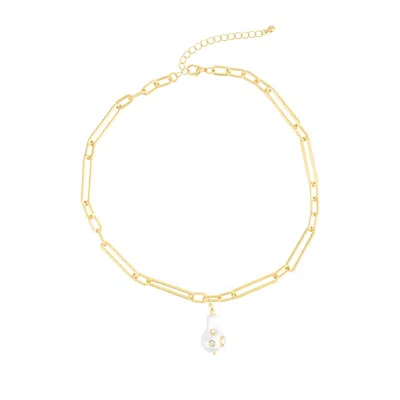Adornia 14k Gold Plated Paper Clip Chain With Crystal-decorated Pearl Drop Necklace In Gold,white