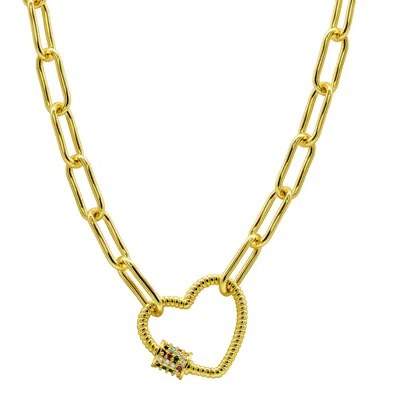 Adornia 14k Gold Plated Paper Clip Chain With Rainbow Heart Screw Lock In Multi